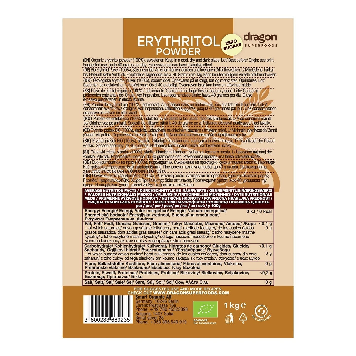 Bio Erythrit - Polvo, 100% Bio, Vegano, Calorien Nulo-1Kg Edulcorantes Naty Shop
