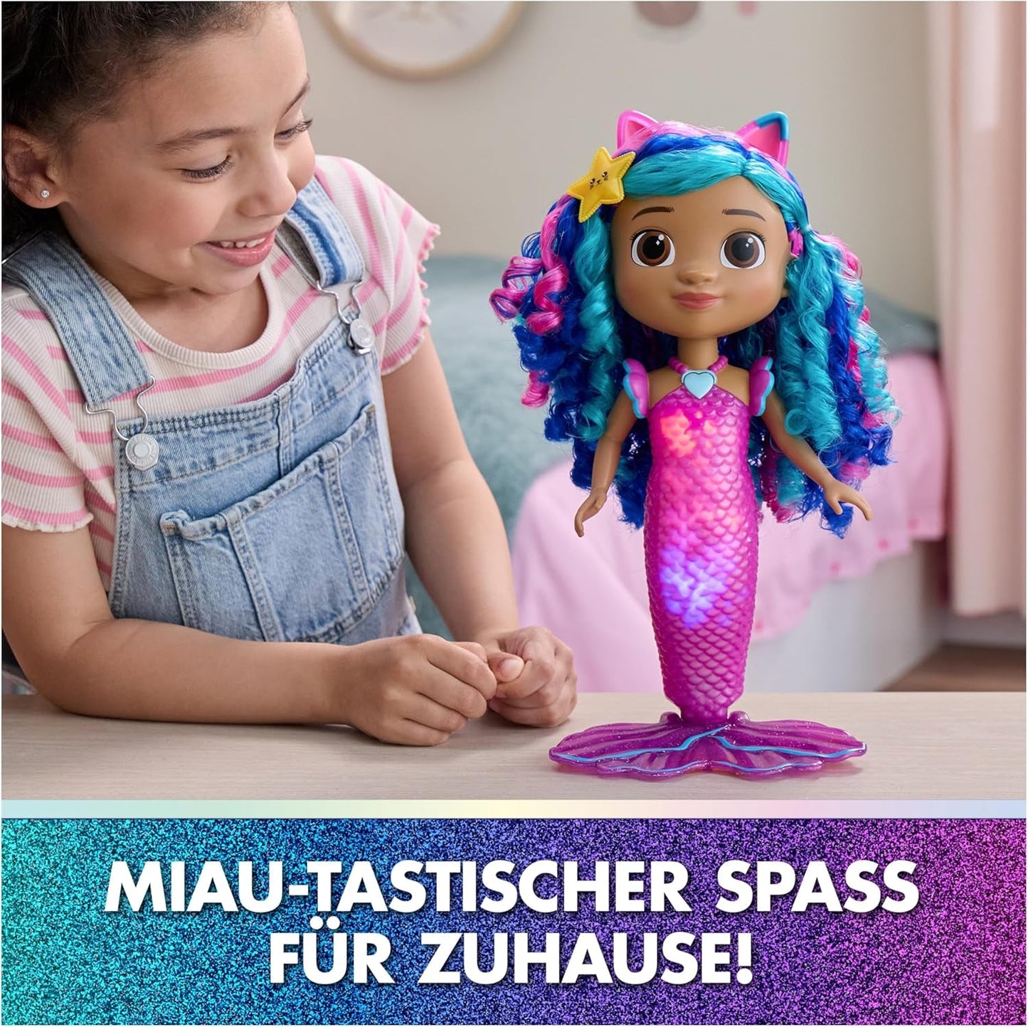 CASA DE MUÑECAS DREAMWORKS GABBY – Sing & Shine Meerjungfrau Gabby, muñeca grande de 35 cm con efectos de luz y sonido, estilo alemán, para niños de 3 años
