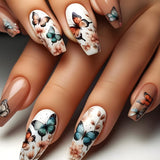 24 piezas de prensa larga en las uñas ataúd uñas artificiales mariposa flor uñas adhesivas blanco marrón acrílico juego de uñas puntas de uñas mujeres primavera verano accesorios de uñas