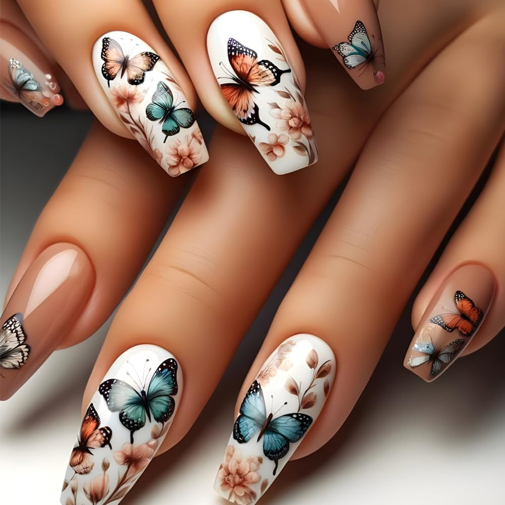 24 piezas de prensa larga en las uñas ataúd uñas artificiales mariposa flor uñas adhesivas blanco marrón acrílico juego de uñas puntas de uñas mujeres primavera verano accesorios de uñas