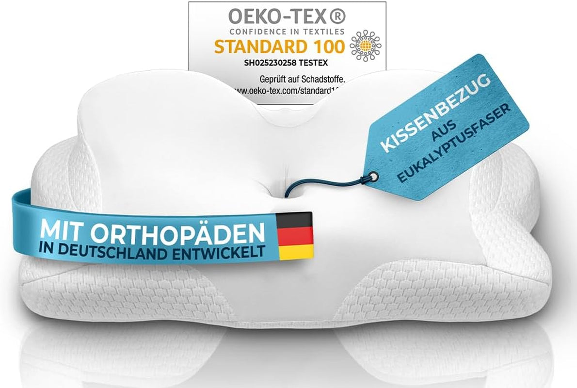 Almohada ortopédica [Nominada al Premio a la Innovación en Ergonomía] Almohada para el dolor de cuello hecha de espuma viscoelástica | Almohada de apoyo para el cuello Almohada ergonómica para dormir de lado Almohadas ortopédicas cervicales grises Naty Shop White Kissenbezug [Versión:Allrounder]