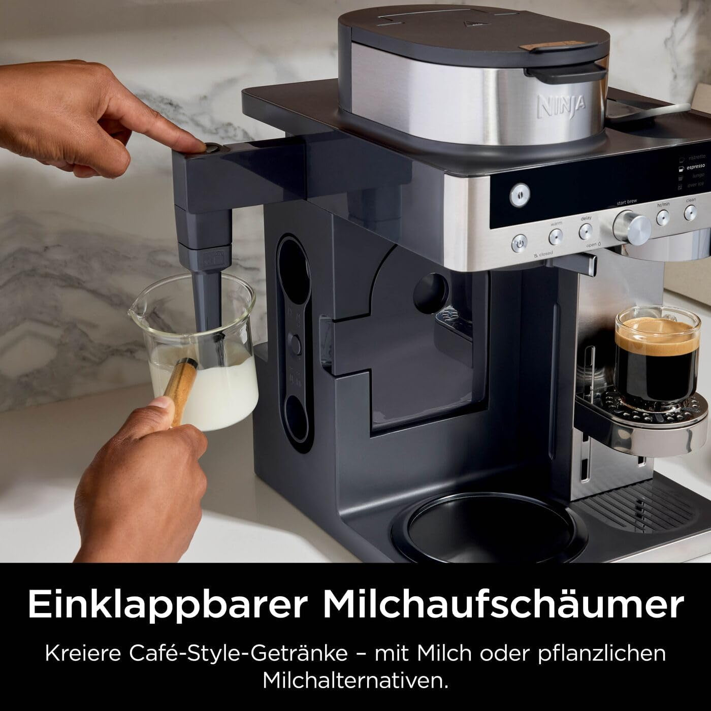 Ninja Prestige Cafetera de filtro 2 en 1 con cápsulas y espumador de leche integrado, para café con leche, café helado y flat white, negra CFN802EU