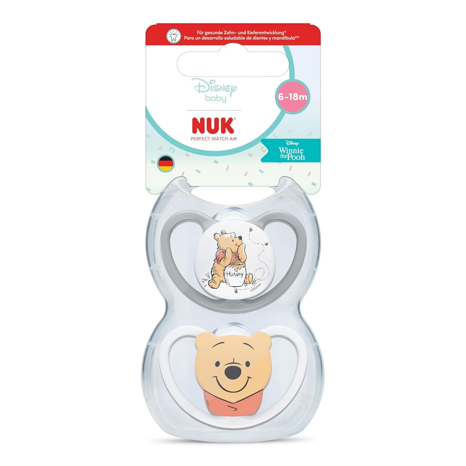 Chupetes NUK Perfect Match Air para bebés | 6-18 meses | Chupetes de ortodoncia que favorecen la circulación del aire y previenen erupciones provocadas por la saliva | 95% de aceptación por parte de los bebés** | Winnie the Pooh de Disney | Paquete de 2