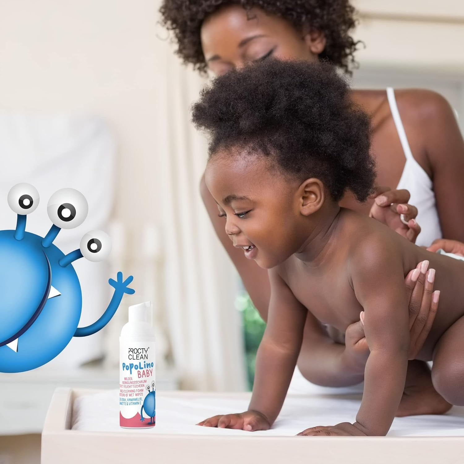 Espuma de fondo suave PopoLino Baby en lugar de toallitas húmedas para bebés. Vegan and natural cosmetic cleansing foam! Espuma para culitos con aloe vera, hamamelis, bergamota y vitamina E. Hace felices los culitos y el medio ambiente.