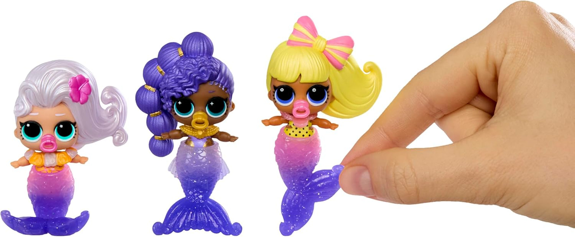 Jajaja ¡Sorpresa! Mermaid Makeover Magic Baby Sisters - Cola de sirena que cambia de color con bola de almeja para exhibición, 6 muñecas coleccionables - Edades 4+