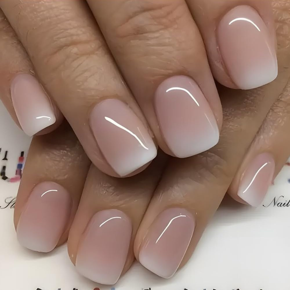 Juego de Uñas Postizas Adhesivas - Uñas Postizas Francesas - 24 Piezas Diseño Cuadrado Corto Blanco Rosa Degradado Uñas Artificiales Manicura Bailarina (Degradado Rosa Corto)