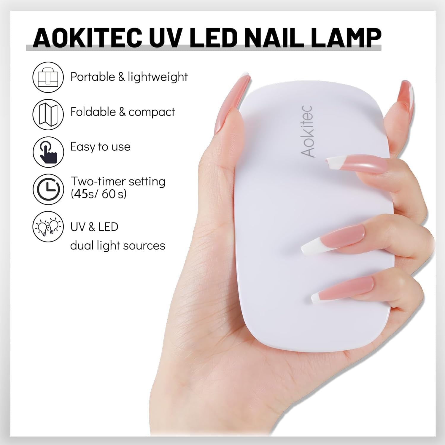 Aokitec Mini lámpara UV LED, lámpara de uñas de gel UV, secador de uñas portátil para todo tipo de esmalte de uñas de gel, herramienta de curado en forma de ratón, compacto, ligero con cable USB (blanco)