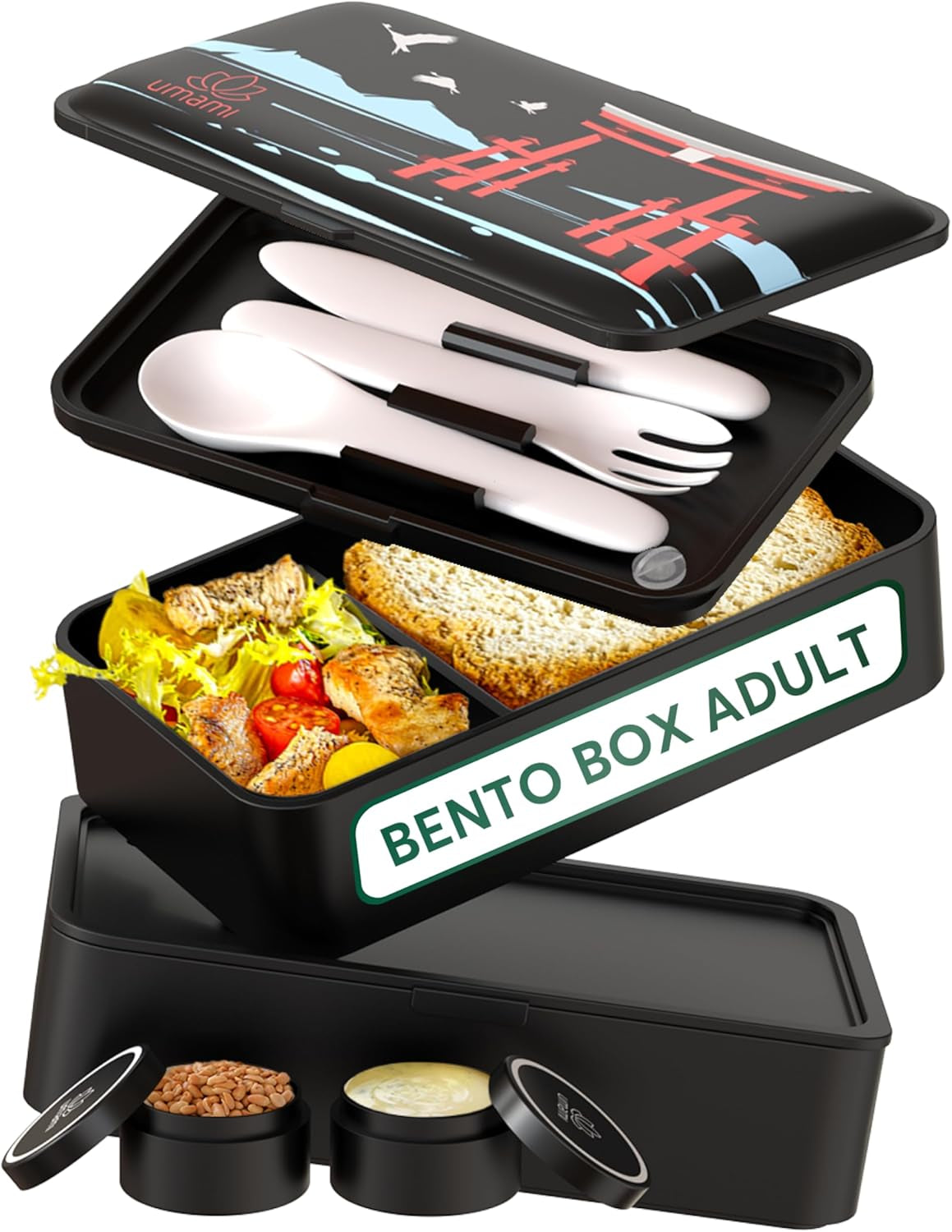 Umami Fiambrera para Adultos, Fiambrera Bento Apilable Antigoteo con 4 Cubiertos y Compartimentos, Fiambrera para Adultos, Contenedor de Ensalada para Llevar, Fiambrera para Picnic/Oficina, Gris Carbón, 1500ml Naty Shop Fiambreras de PP Negras - Torii Edición Especial L - 1200 Ml