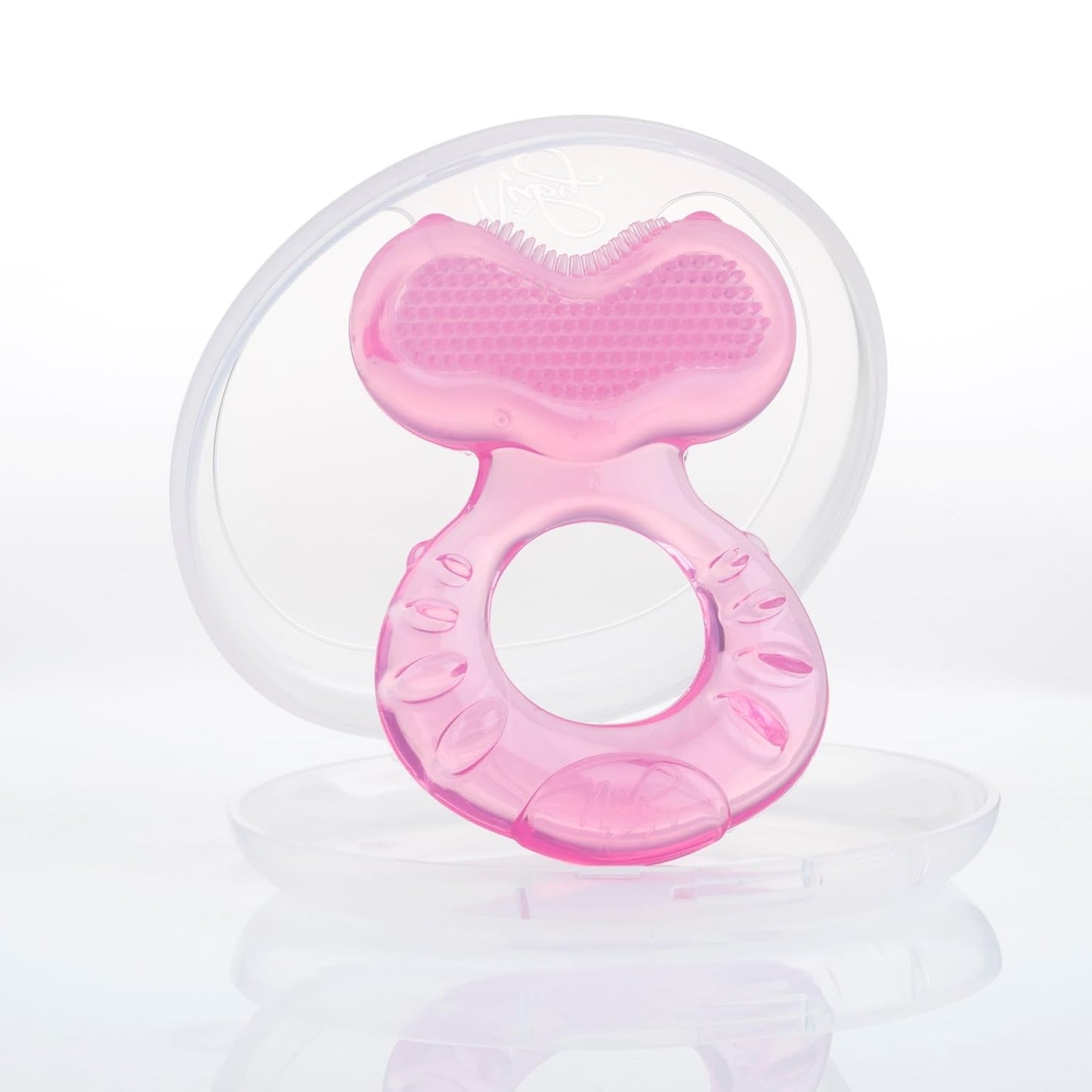 Mordedor de silicona suave Nuby Teethe-eez | Ayuda para la dentición de silicona con superficie texturizada para masajear las encías | Funda higiénica incluida | Rosa | A partir de 3 meses