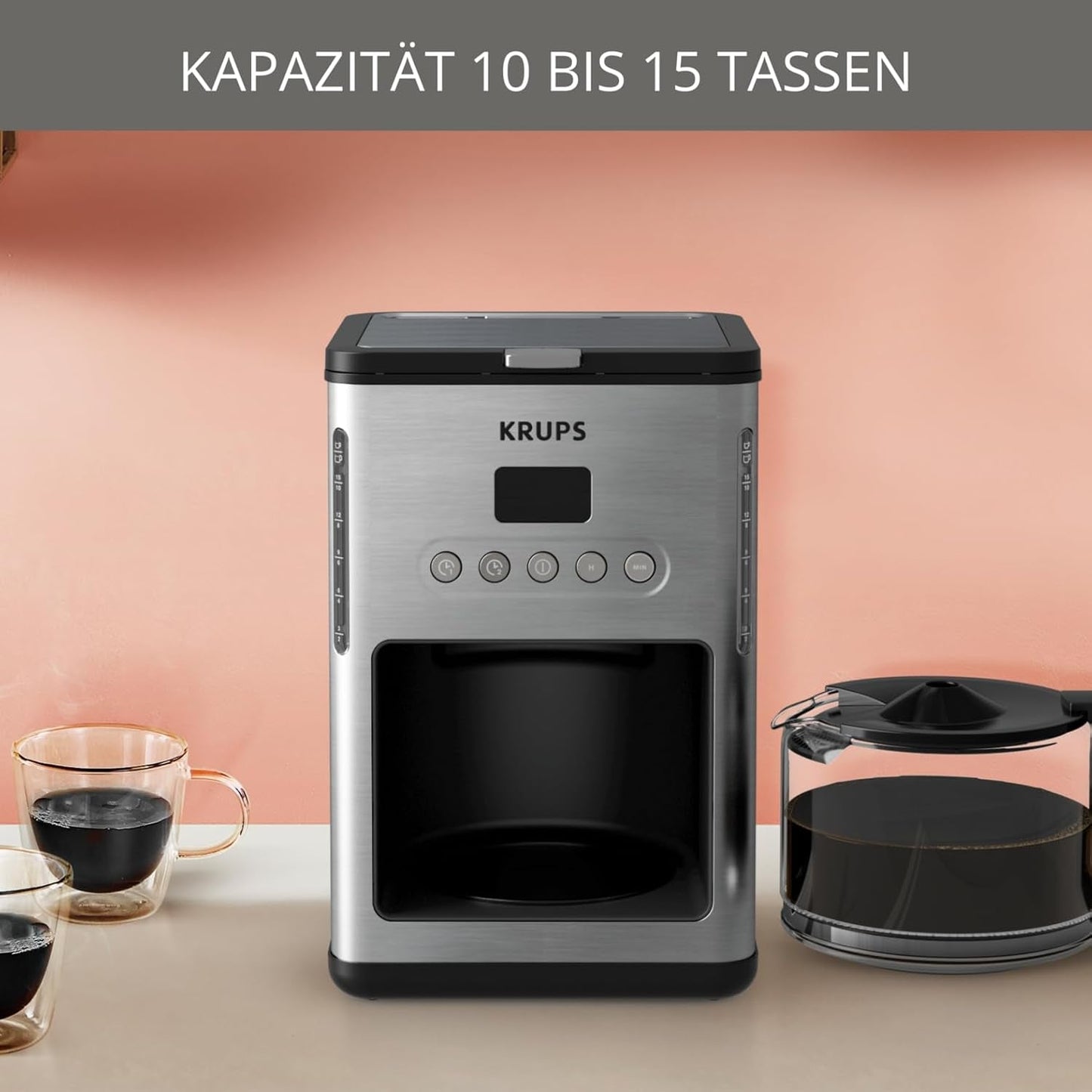 Cafetera espresso con filtro Krups KM442D Premium | 10-15 tazas | 1000 vatios | programable | función mantener caliente | acero inoxidable | negro