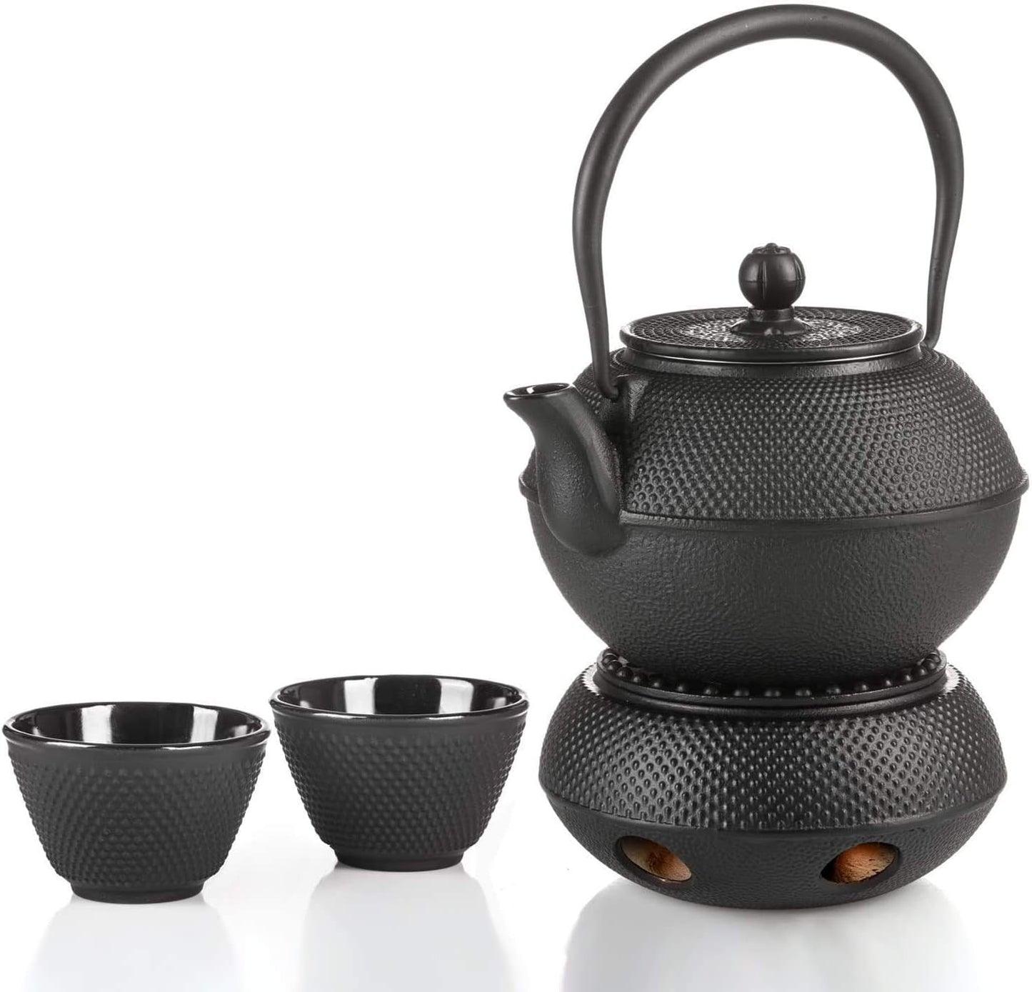 Juego de té tradicional de hierro fundido Dimono: tetera, calentador y 2 tazas de té.