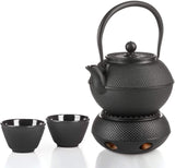 Juego de té tradicional de hierro fundido Dimono: tetera, calentador y 2 tazas de té.
