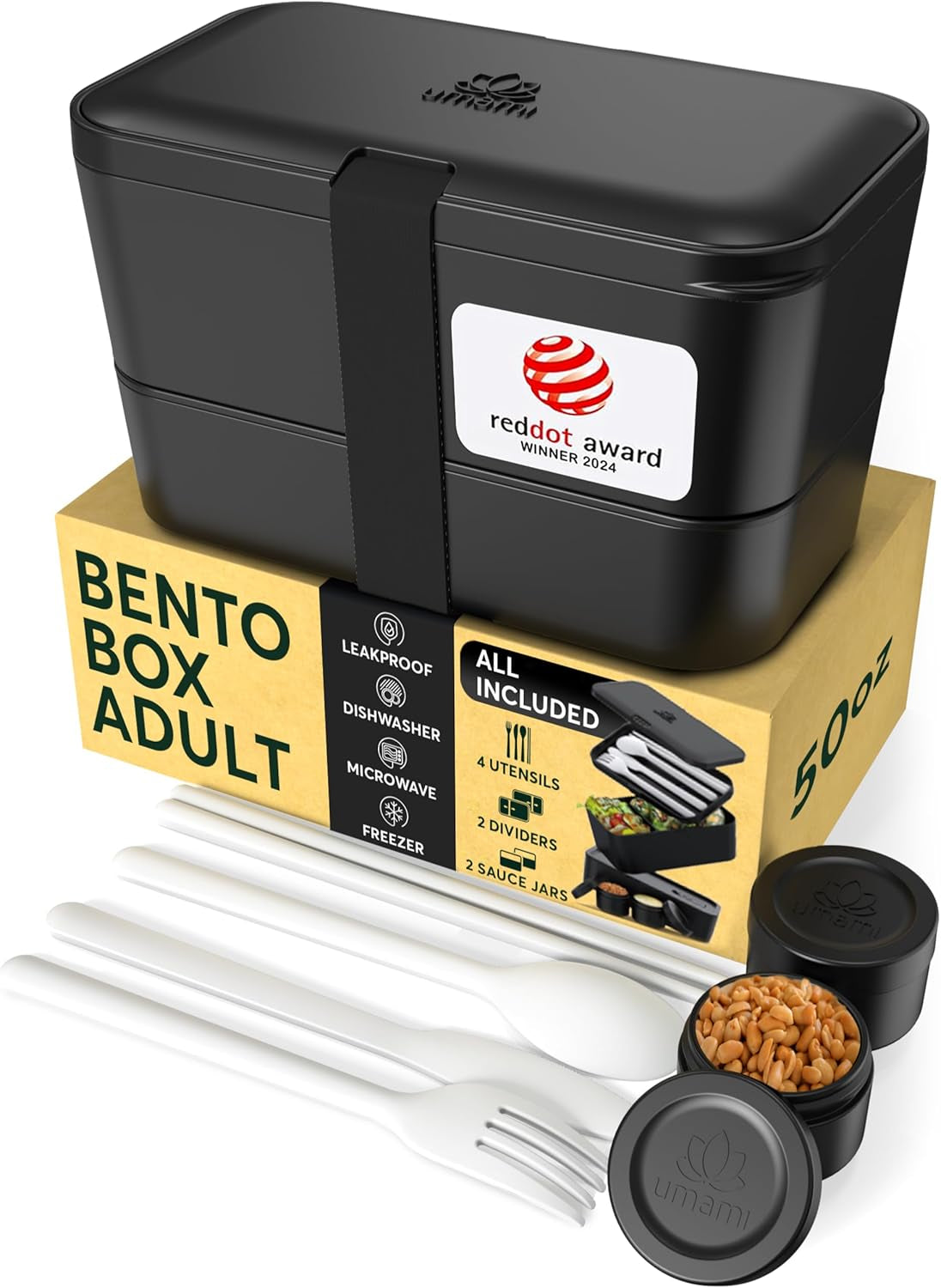 Umami Fiambrera para Adultos, Fiambrera Bento Apilable Antigoteo con 4 Cubiertos y Compartimentos, Fiambrera para Adultos, Ensaladera para Llevar, Fiambrera para Picnic/Oficina, Gris Antracita, 1500ml Naty Shop Fiambreras Negras Onix - 1500 Ml L - 1500 Ml Apilables Una Dentro De La Otra