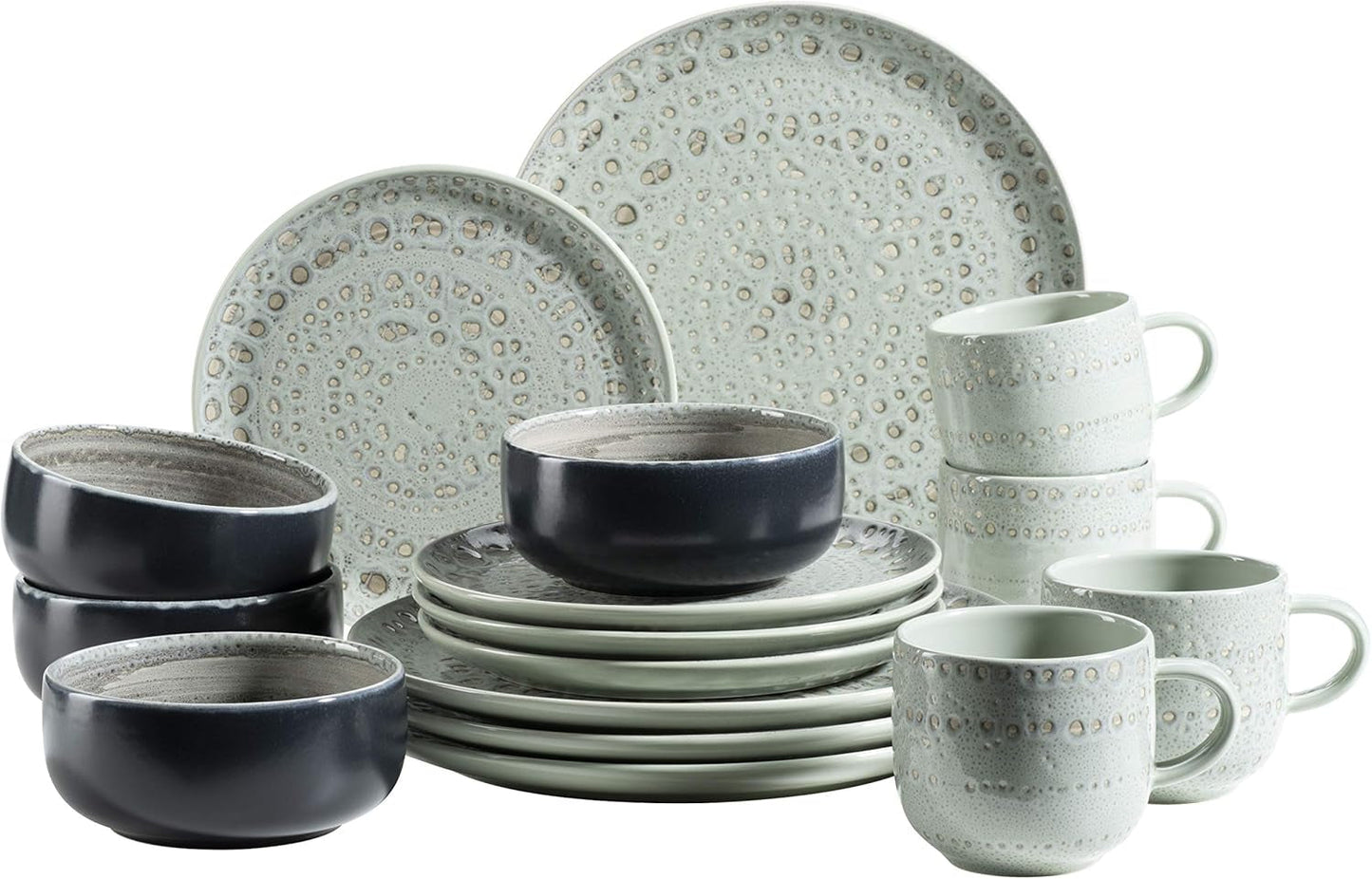 MÄSER 931744 Spicy Market Series, vajilla para 4 personas pintada a mano en diseño mediterráneo vintage, juego combinado de cerámica de 16 piezas, verde, gres