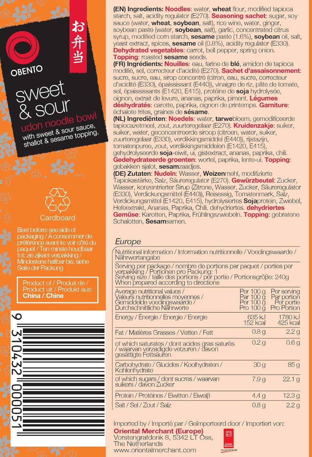 Tazón de udon agridulce, comida preparada para microondas, 240 g
