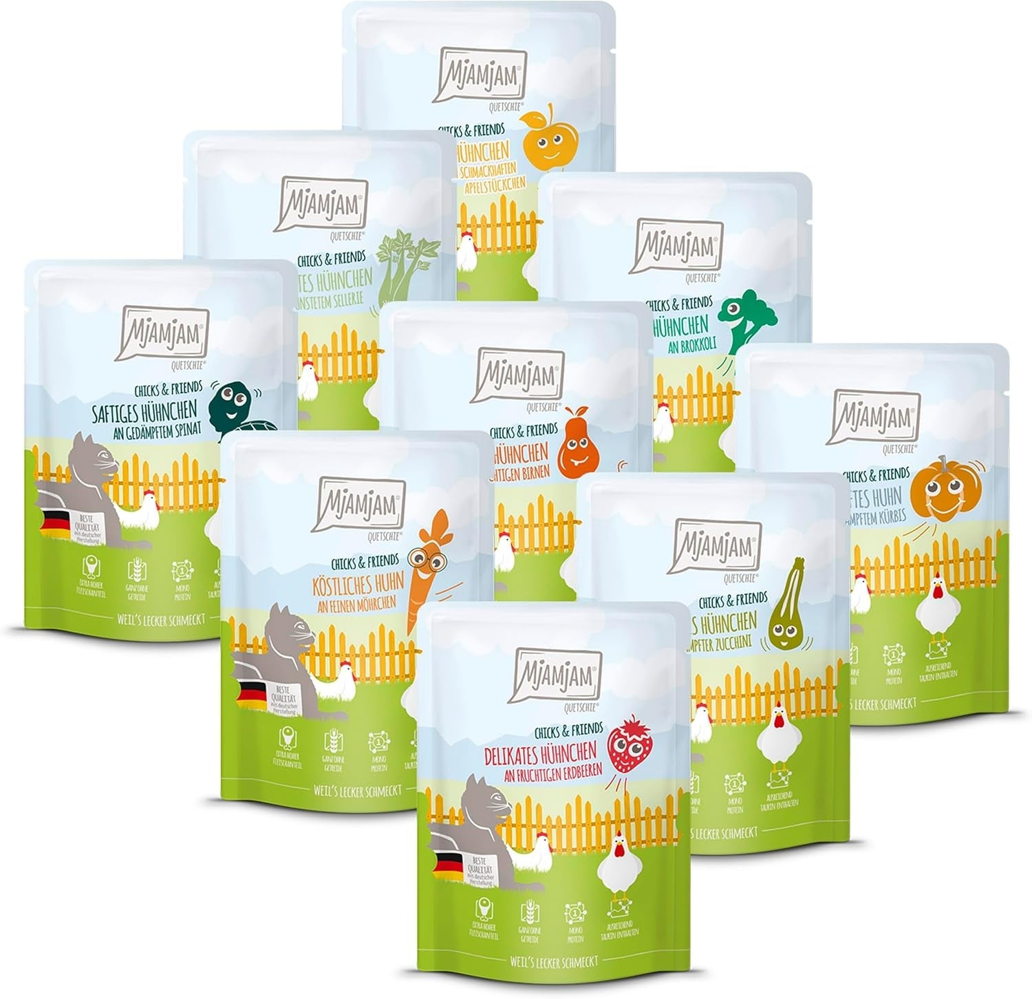 MjAMjAM - Premium Nassfutter für Katzen - Caja Chicks & Friends, paquete de 9 unidades (9 x 300 g), getreidefrei mit extra Fleisch