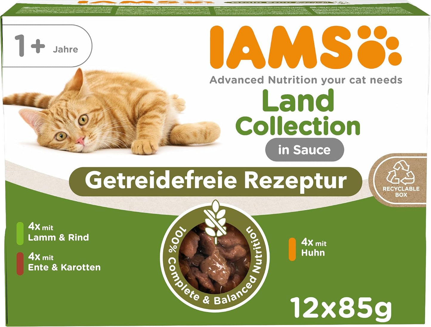 IAMS Delights Land Collection Comida húmeda para gatos sin cereales - Paquete variado de carne Paquete múltiple Comida húmeda sin cereales para gatos de 1 año y más 12 x 85 g