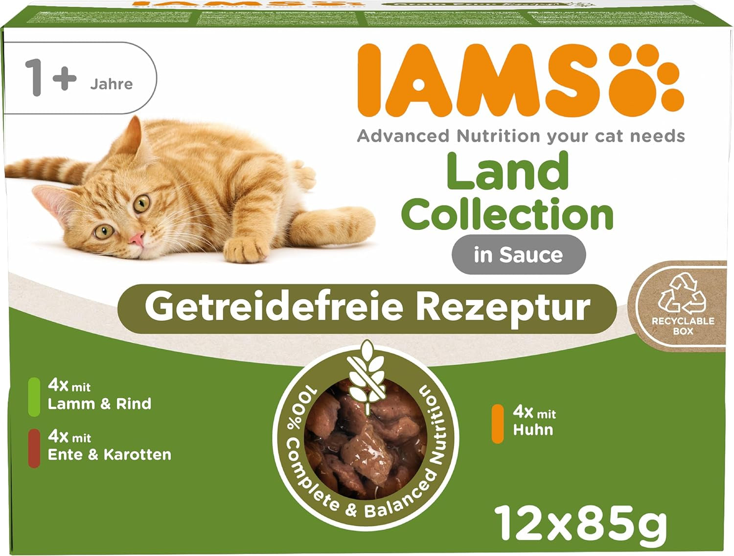 IAMS Delights Land Collection Comida húmeda para gatos sin cereales - Paquete variado de carne Paquete múltiple Comida húmeda sin cereales para gatos de 1 año y más 12 x 85 g