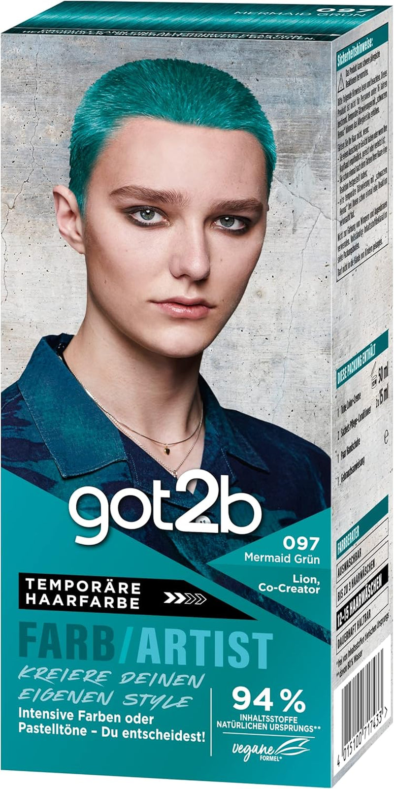 got2b Colour/Artist 097 Verde Sirena Nivel 2 (3x 80 ml), tinte temporal que aporta brillo al cabello en colores intensos o tonos pastel, el tinte dura 12-15 lavados, fórmula vegana Tinte para el cabello Naty Shop
