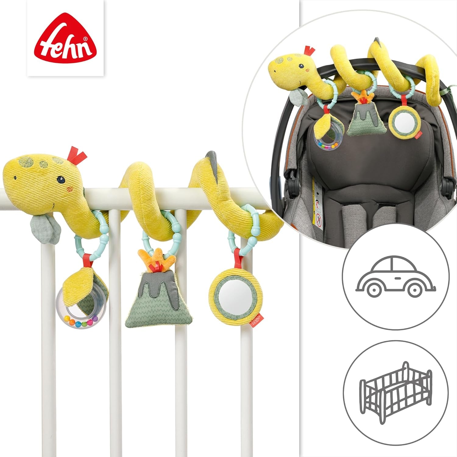 Fehn Activity Spiral Dino - juguete para cochecito de empujar y tirar - juguete dinosaurio bebé para cama, parque infantil, cochecito y silla de coche - juguete de actividad motora para bebés y niños pequeños a partir de 0 meses Baby Toys Naty Shop