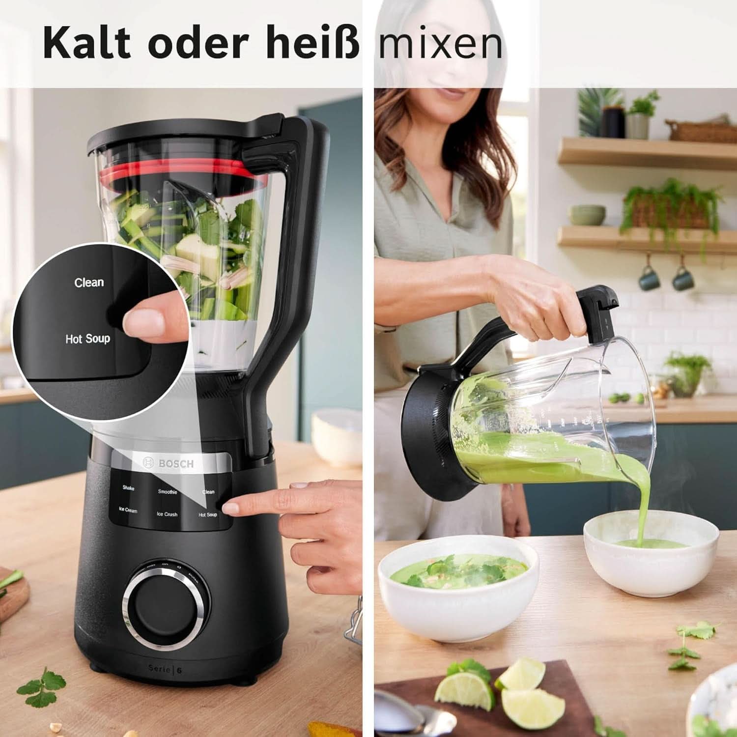 Batidora de pie Vitapower Serie 6 MMBD665B1, 45.000 U/Min, 6 programas Inkl Heiße Suppe & Reinigung, 2 L Mixbehälter, Stopfer, Spülmaschinenfeste Teile, Made in Europe, 1800W, Schwarz Kitchen Naty Shop
