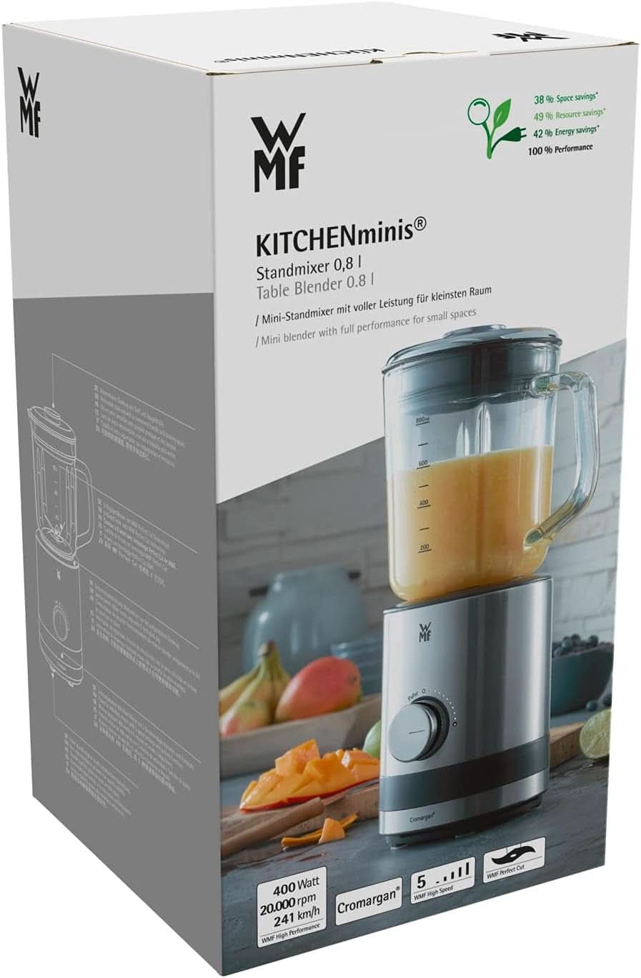 WMF Küchenminis Kompaktmixer, Mini batidora con base, 400 vatios, Batidora con base Klein, Vasbehälter 0,8 L, Pulsstufe, Cromargan Matt Kitchen Naty Shop