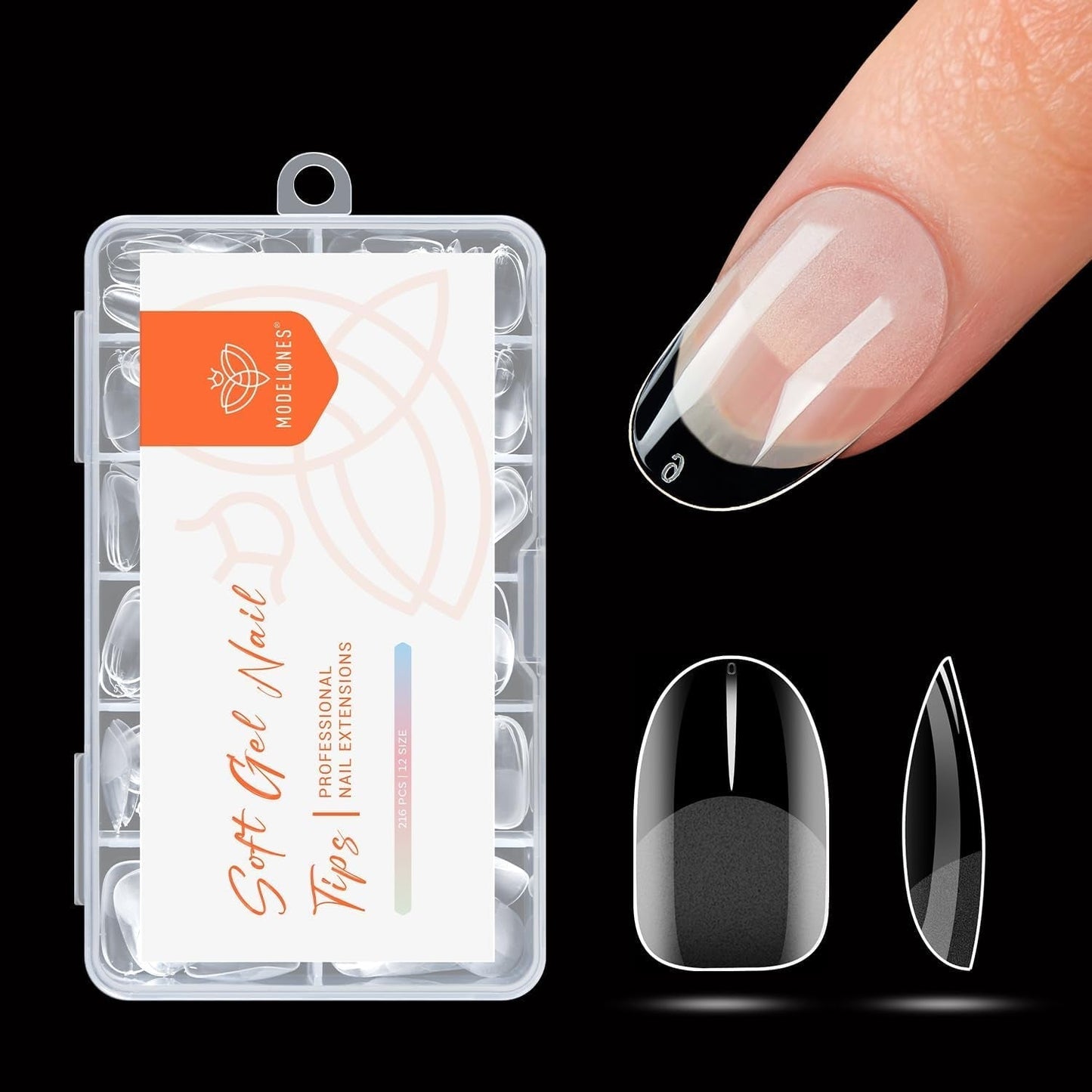 Modelones Puntas de Uñas 216 Piezas - Juego de Puntas de Uñas de Cobertura Completa, Juego de Puntas de Gel Suave, Puntas de Uñas de Resina PMMA Prepulido, Pegamento DIY en Uñas Artificiales, Almendras Cortas XS
