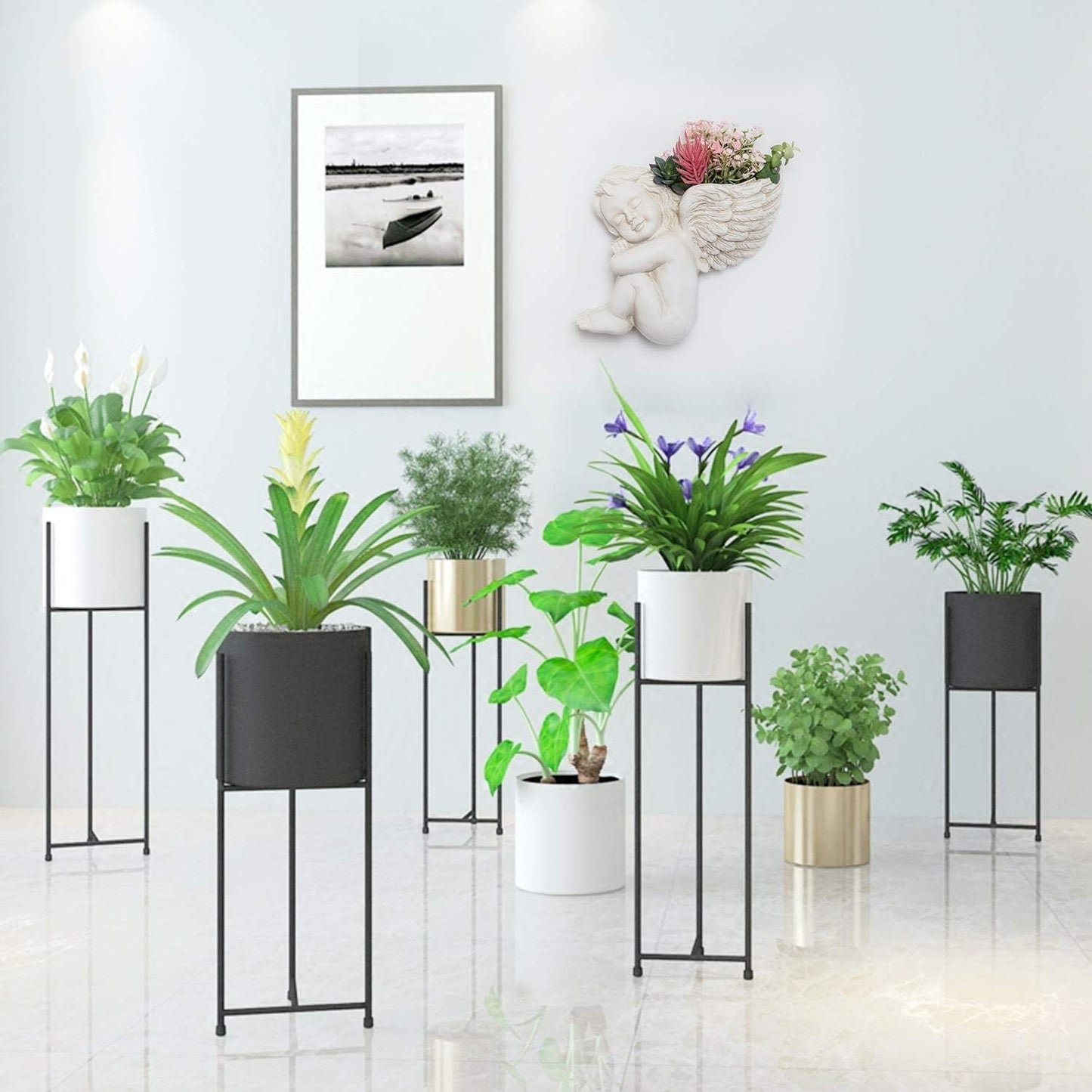 Maceta montada en pared y superficie plana, 20 cm de altura, cabeza de ángel, soporte de pared para flores, florero, cara de muñeca, maceta de resina, mesa, macetas