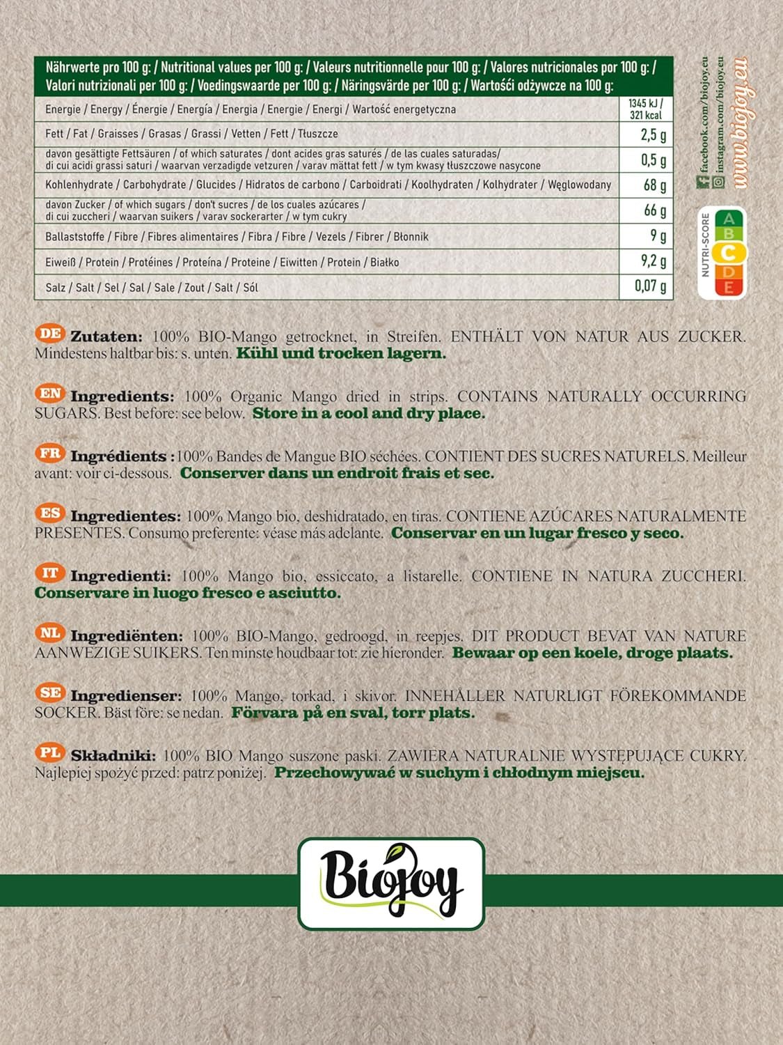 Biojoy Mango seco BIO (1 kg), sin azufre Naty Shop productos deshidratados