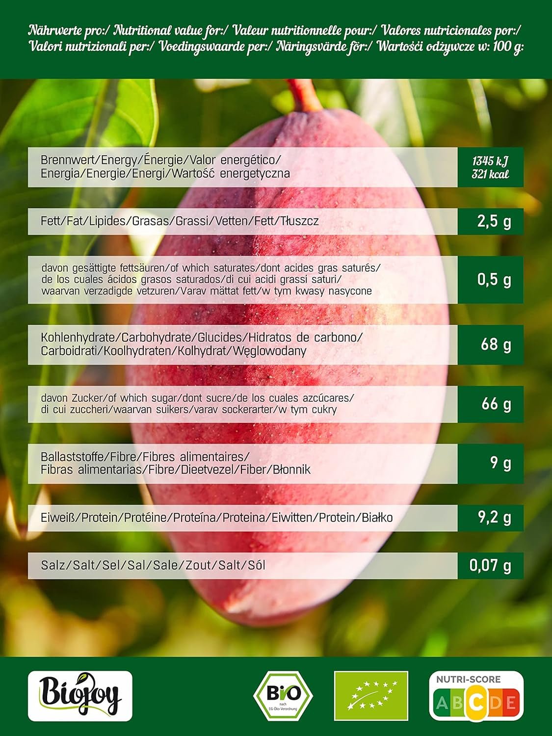 Biojoy Mango seco BIO (1 kg), sin azufre Naty Shop productos deshidratados