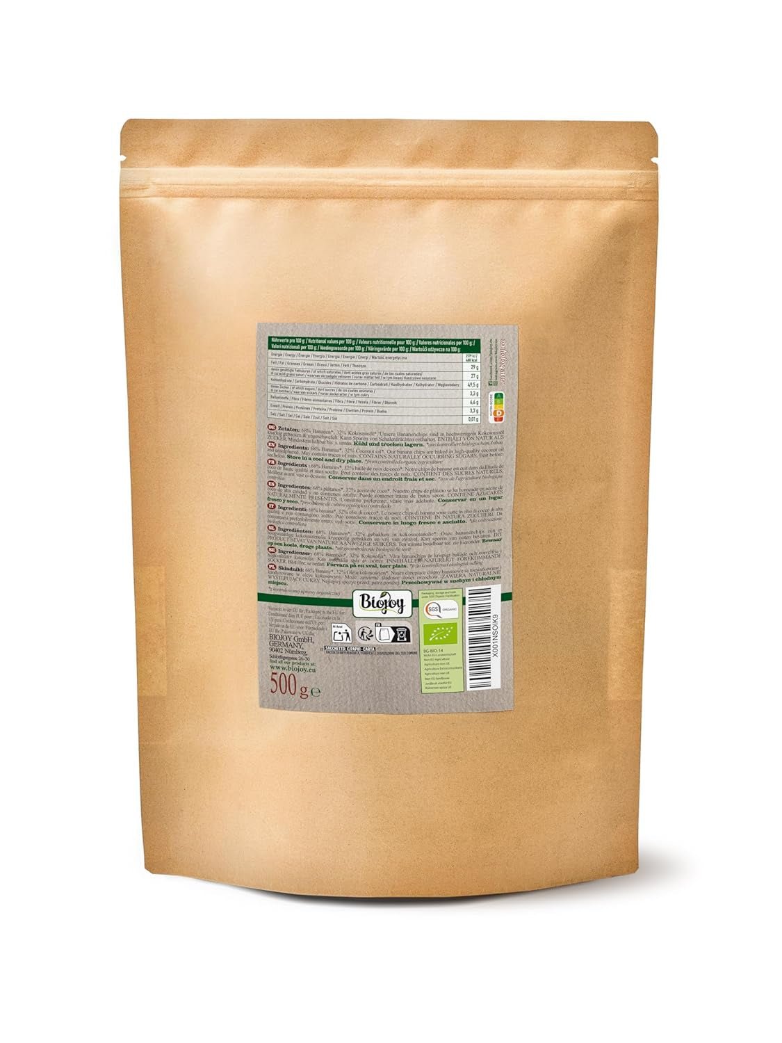 Chips de plátano ecológicos Biojoy (500 g), secos y sin azufre Naty Shop productos deshidratados