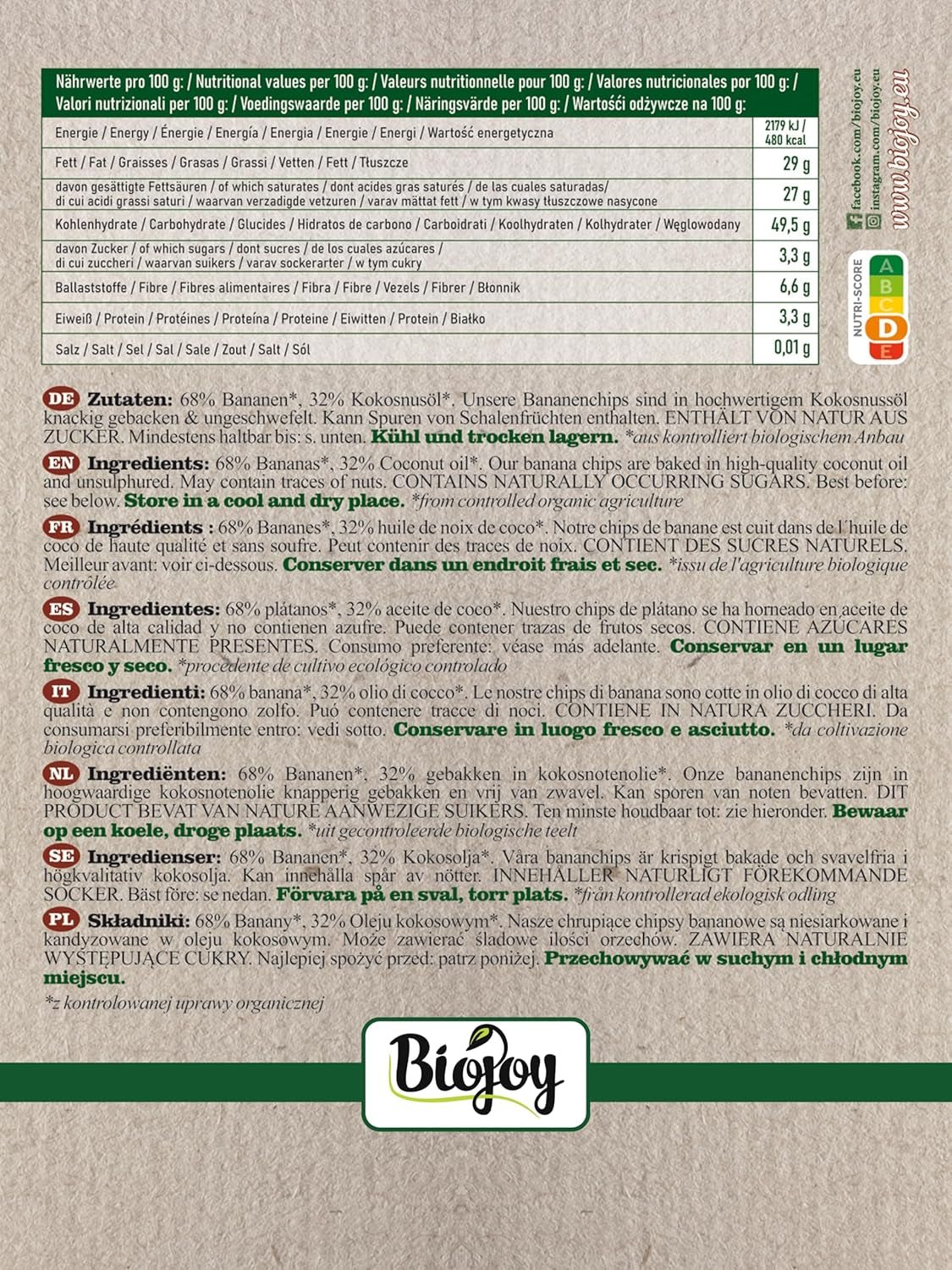 Chips de plátano ecológicos Biojoy (500 g), secos y sin azufre Naty Shop productos deshidratados