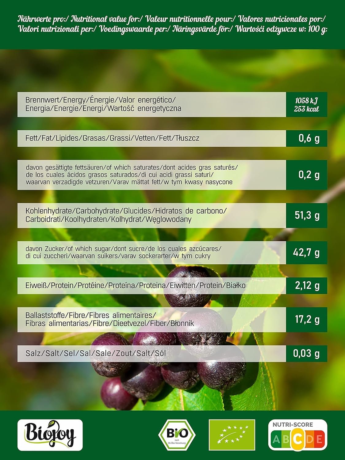 Biojoy frutos de chokeberry ecológicos (1 kg), secos y enteros (Aronia melanocarpa) Productos deshidratados Naty Shop