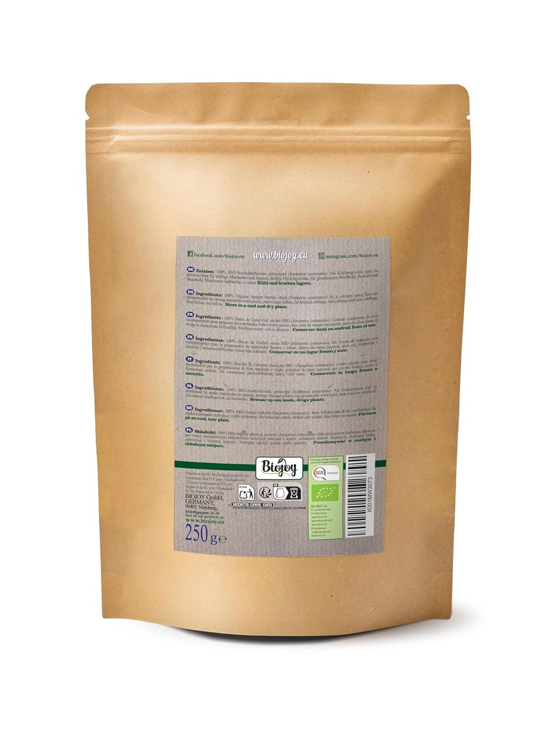 Biojoy fruto de enebro ecológico (250 g), seco y entero, sin añadidos (Juniperus communis) Productos deshidratados Naty Shop