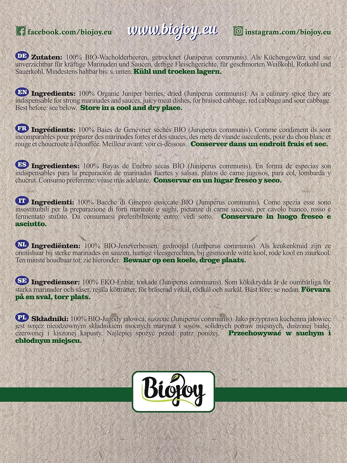 Biojoy fruto de enebro ecológico (250 g), seco y entero, sin añadidos (Juniperus communis) Productos deshidratados Naty Shop