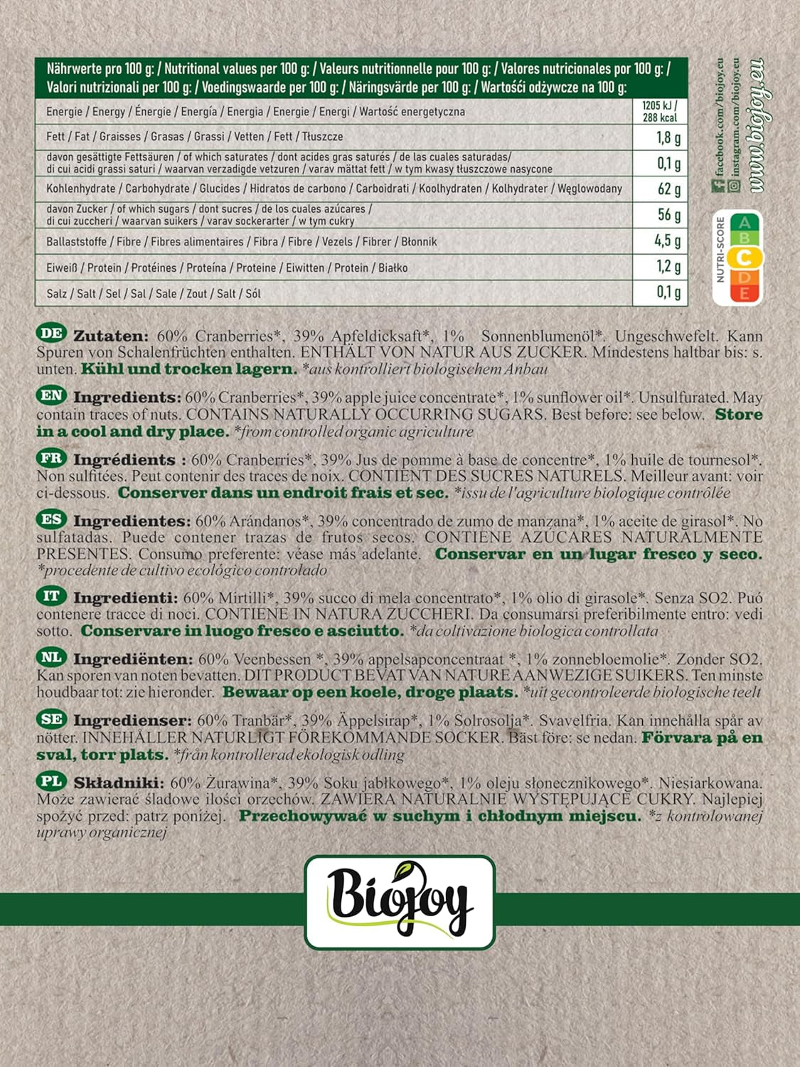 Biojoy arándanos secos ecológicos (1 kg), arándanos endulzados con sirope de manzana Productos deshidratados Naty Shop