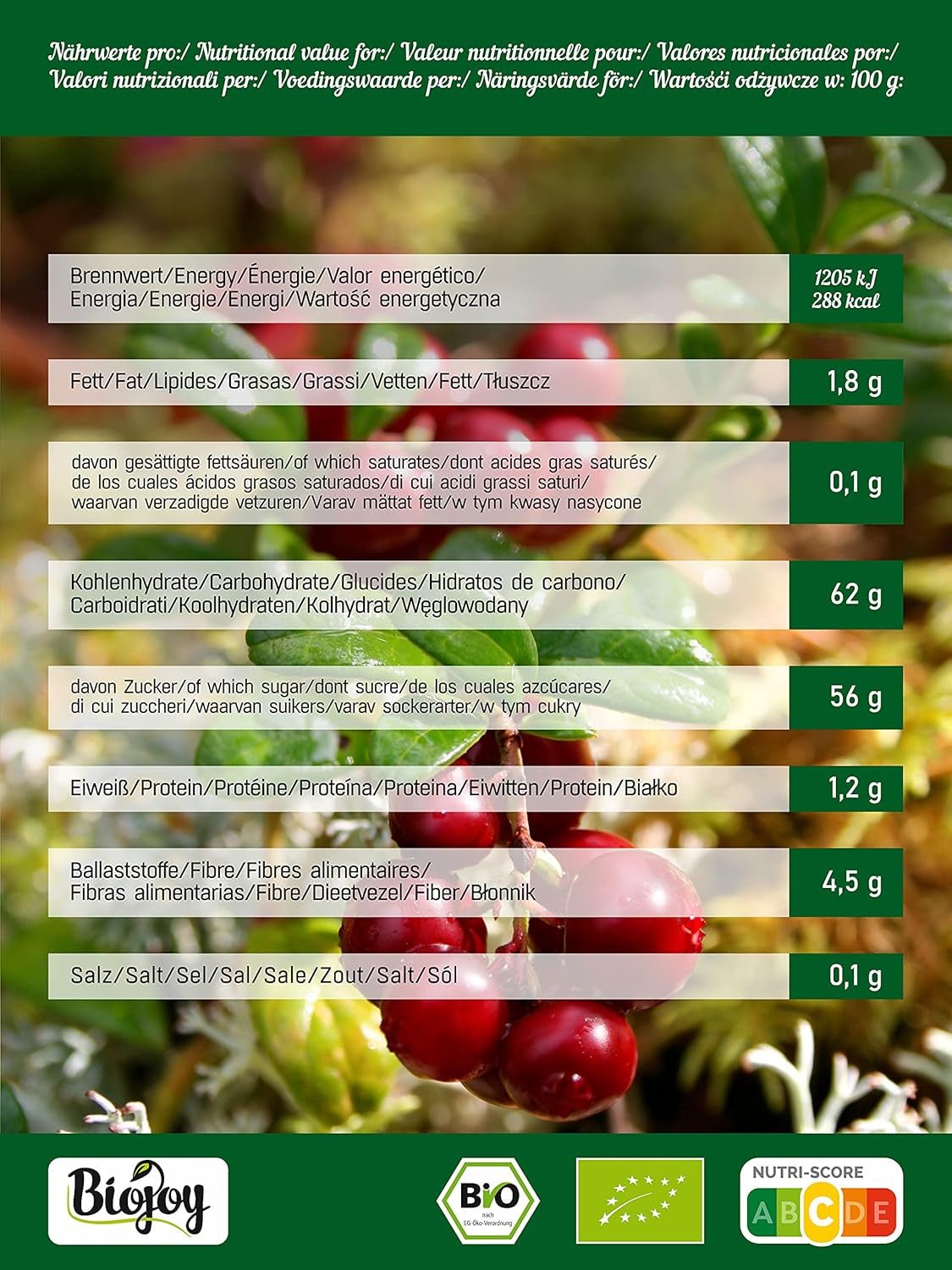 Biojoy arándanos secos ecológicos (1 kg), arándanos endulzados con sirope de manzana Productos deshidratados Naty Shop