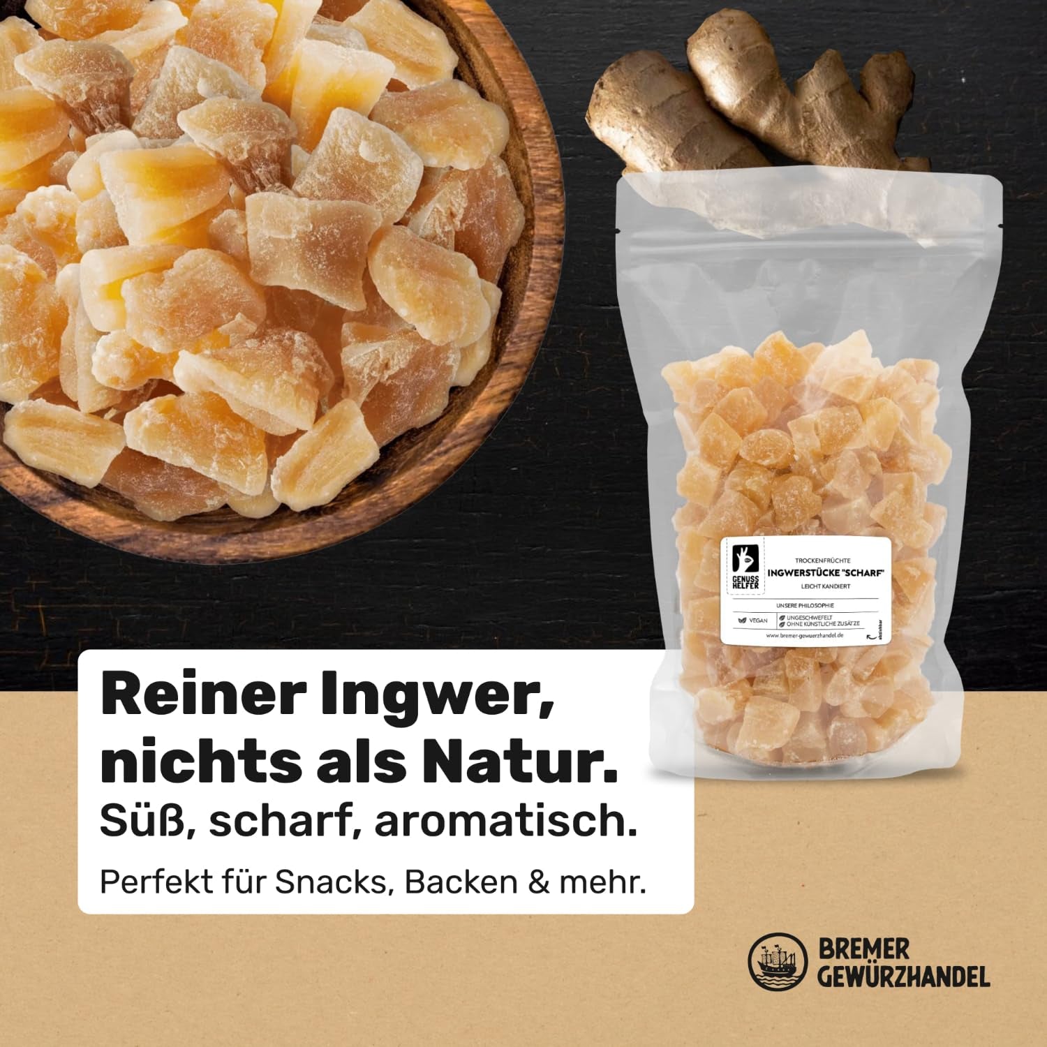 Bremer Gewürzhandel jengibre, trozos de frutos secos especiados, aromáticos, especiados, sin azufre, 1kg Productos deshidratados Naty Shop