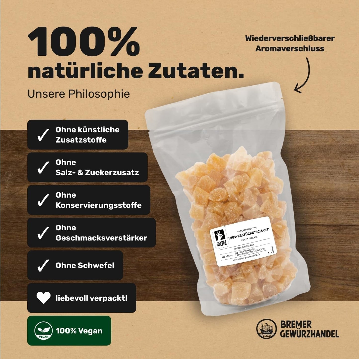 Bremer Gewürzhandel jengibre, trozos de frutos secos especiados, aromáticos, especiados, sin azufre, 1kg Productos deshidratados Naty Shop