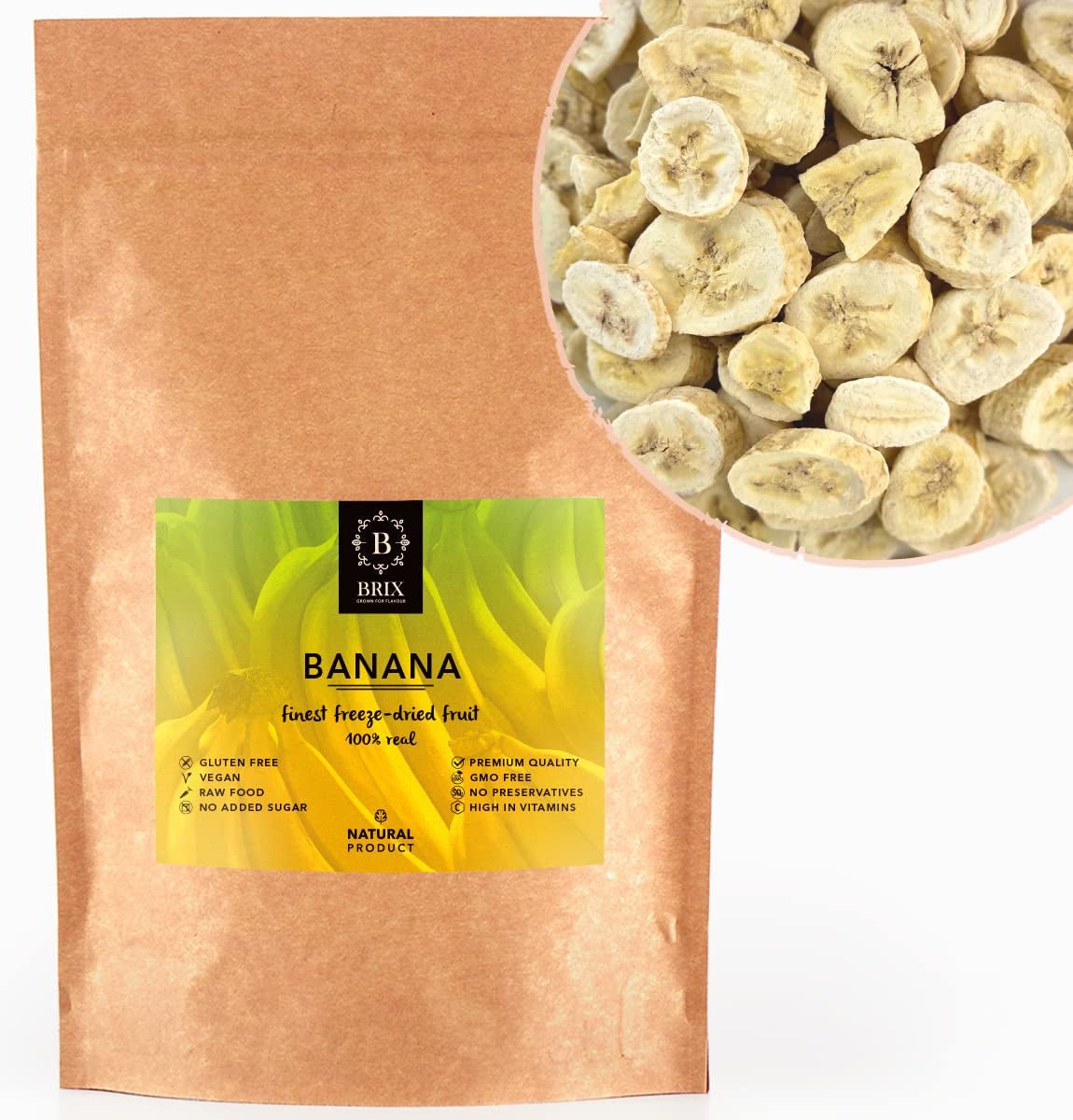 Plátanos liofilizados BRIX | Plátanos naturales, secos 140 g | Premio Gran Sabor para frutos secos secos | Vitaminas en conserva, veganas, sin OGM, sin gluten Naty Shop Productos deshidratados Título predeterminado