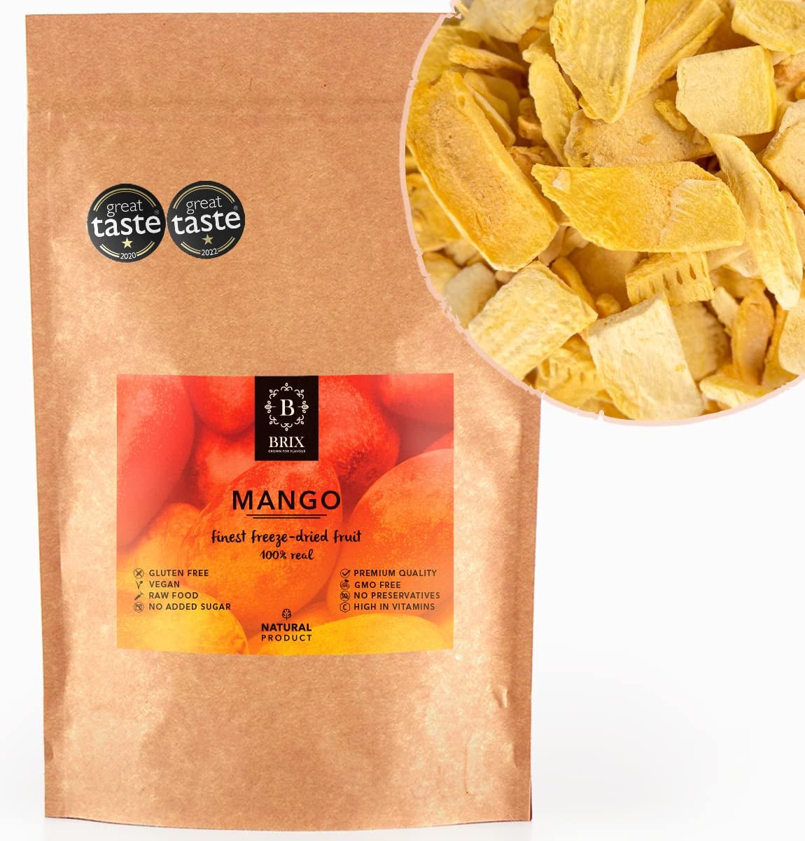 BRIX Mango Liofilizado | Mango seco natural en rodajas 95 g | Frutos secos Great Taste Award, mango liofilizado | Sin OGM, sin gluten, vegano, vitaminas retenidas Naty Shop Productos deshidratados Título predeterminado