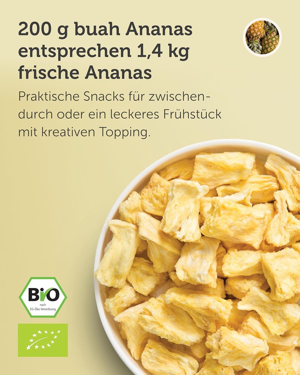 BUAH® Piña liofilizada | Chips de piña como snack o para muesli y postres | Sustituto ideal de los dulces | Vegano y sin azúcares añadidos | 100% fruta liofilizada | 200 g Naty Shop productos deshidratados