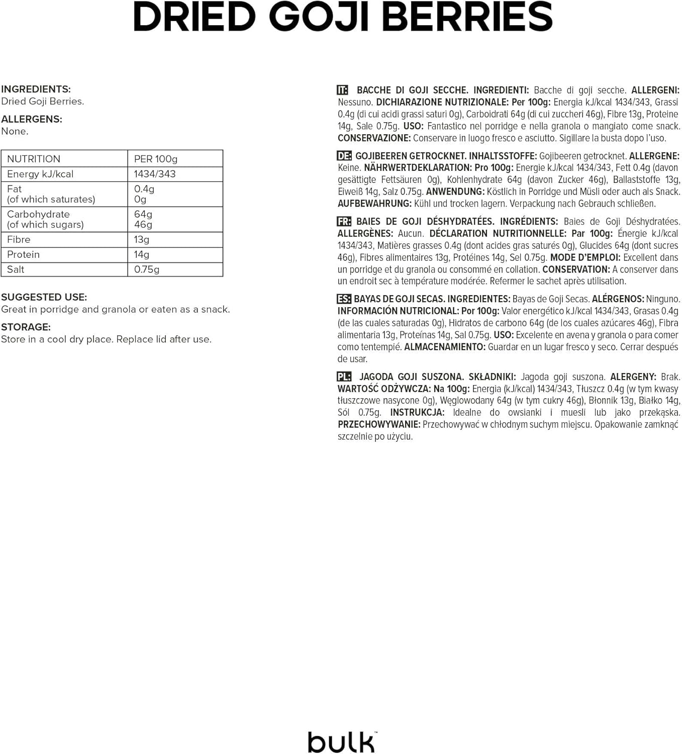 Bayas de Goji secas a granel, 500 g, el envase puede variar Naty Shop productos deshidratados