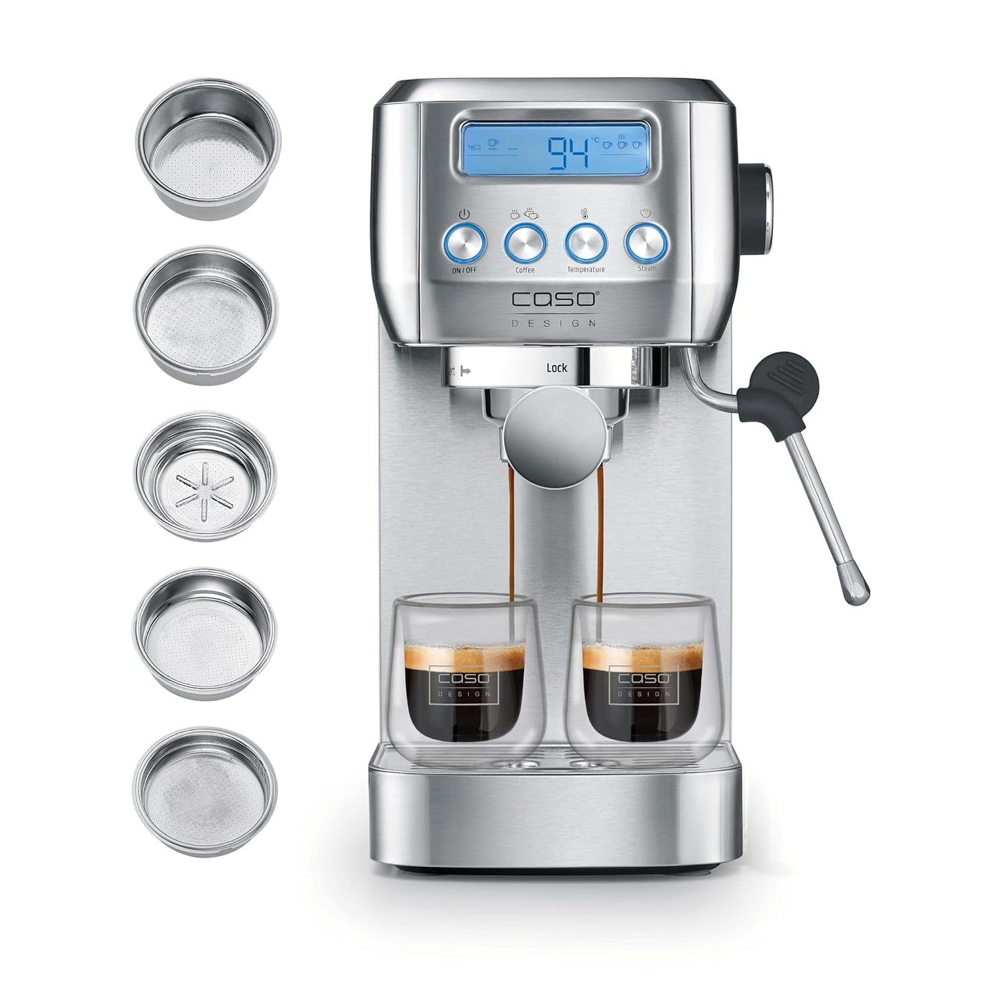 CASO EspressoGourmet Crema - Cafetera espresso portafiltro con espumador de leche, espresso, capuchino, portafiltro de acero inoxidable, bomba ULKA 20 bar, cafetera, café molido, cápsulas ESE