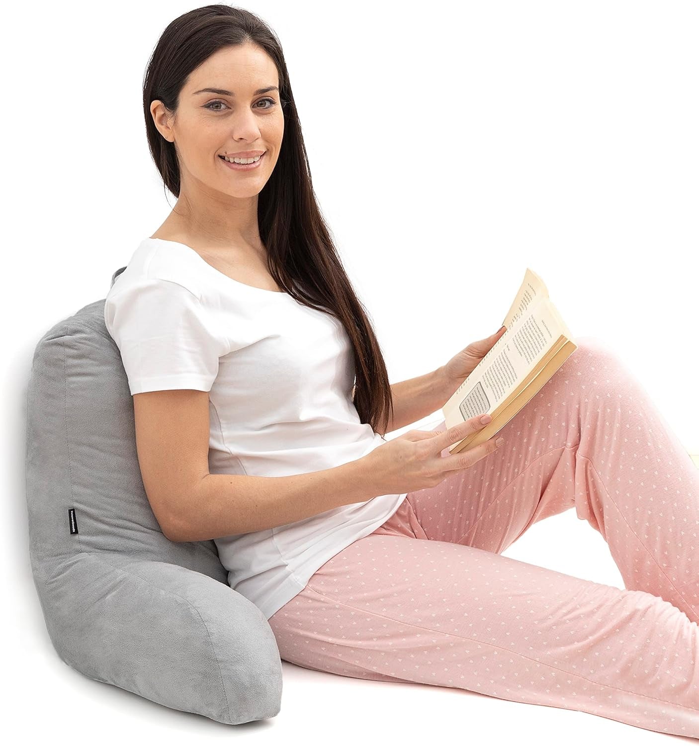InnovaGoods Huglow Almohada de Lectura con Reposabrazos para Sofá, Cama y Alfombra, Almohada de Lectura con Soporte Lumbar y Asa de Transporte, Ergonómica, Previene Molestias y Dolores, Gris