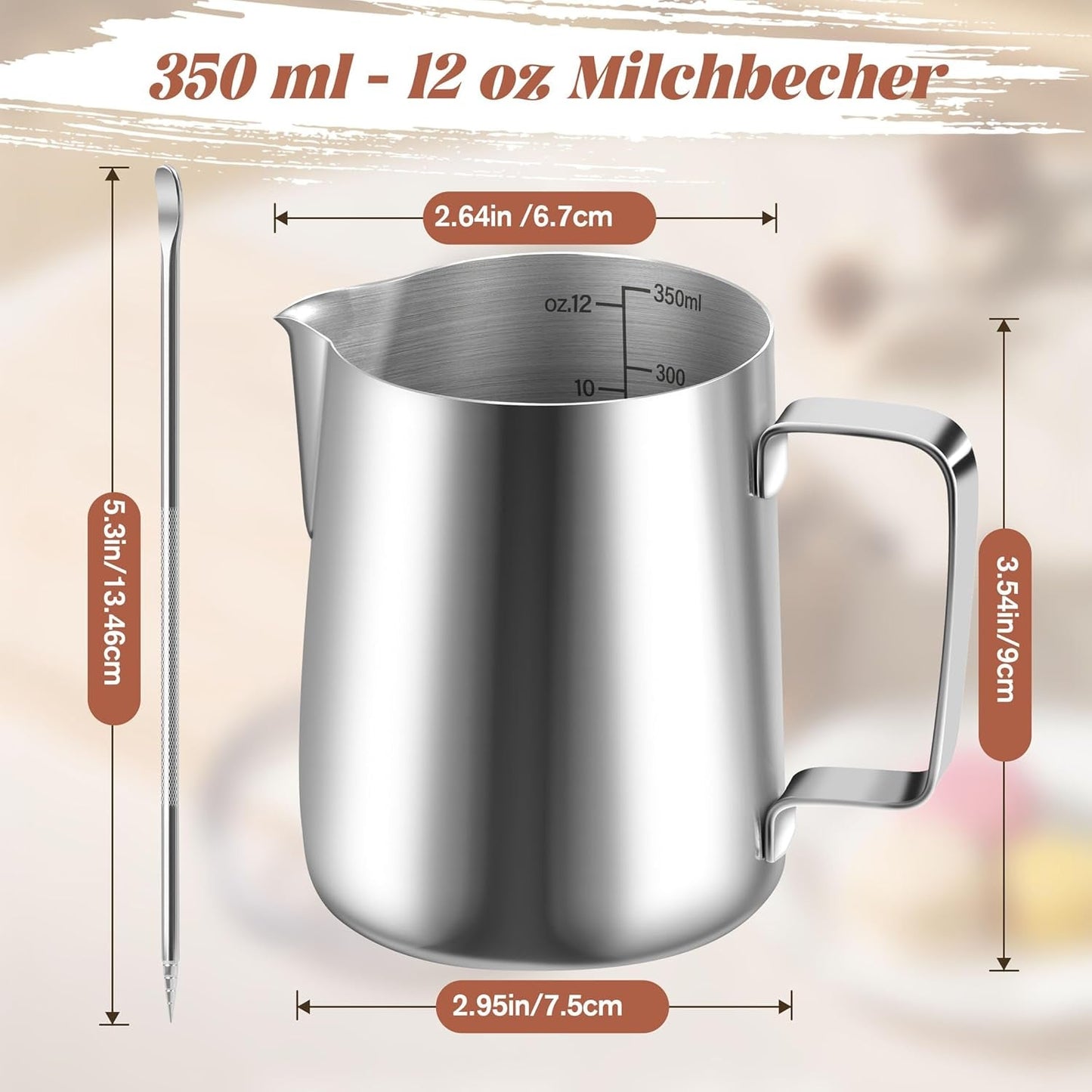 Taza de Leche, Taza de Leche de Acero Inoxidable de 350 ml con Marca medidora, Accesorio de Barista, Taza de Leche para Capuchino, Espresso, Latte Art, Amantes del café, Plata, 355 ml