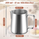 Taza de Leche, Taza de Leche de Acero Inoxidable de 350 ml con Marca medidora, Accesorio de Barista, Taza de Leche para Capuchino, Espresso, Latte Art, Amantes del café, Plata, 355 ml