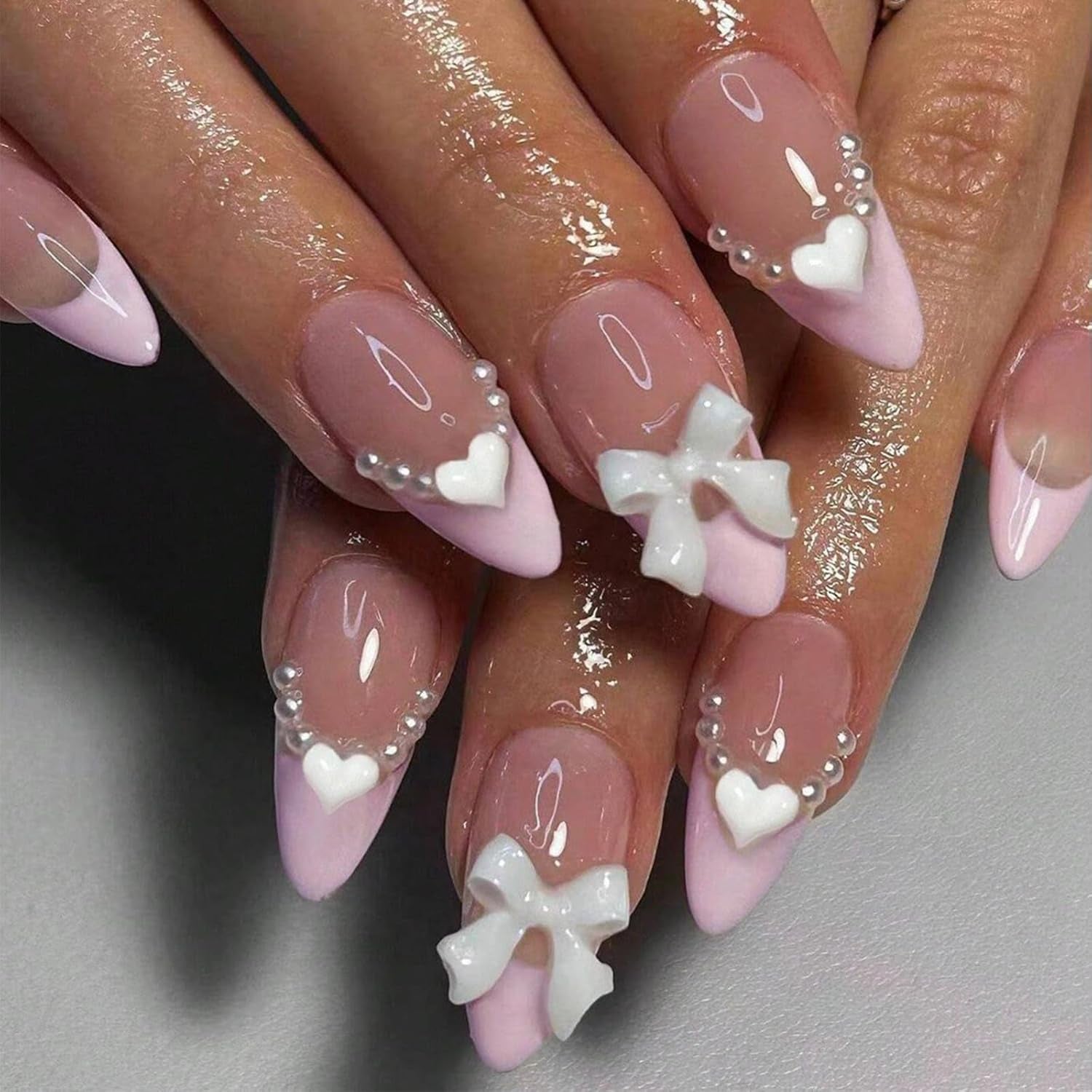 24 Uds. Prensa de almendra blanca sobre uñas francesas con lazos perlas uñas postizas pegamento en puntas de uñas postizas uñas con brillo