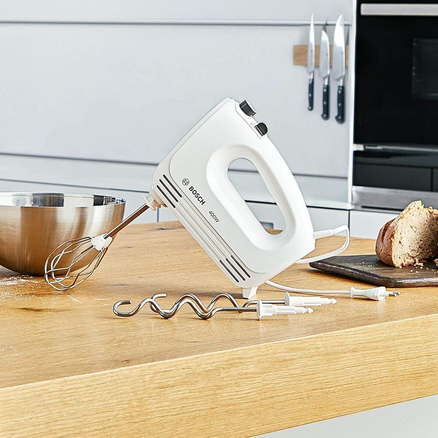 Bosch Hausgeräte Handrührer Clevermixx MFQ24200, 2 Rührbesen, 2 Spülmaschinengeeignet, 4 Stufen, Leicht, Leise, 400 W Weiß/Edelstahl Cocina Naty Shop