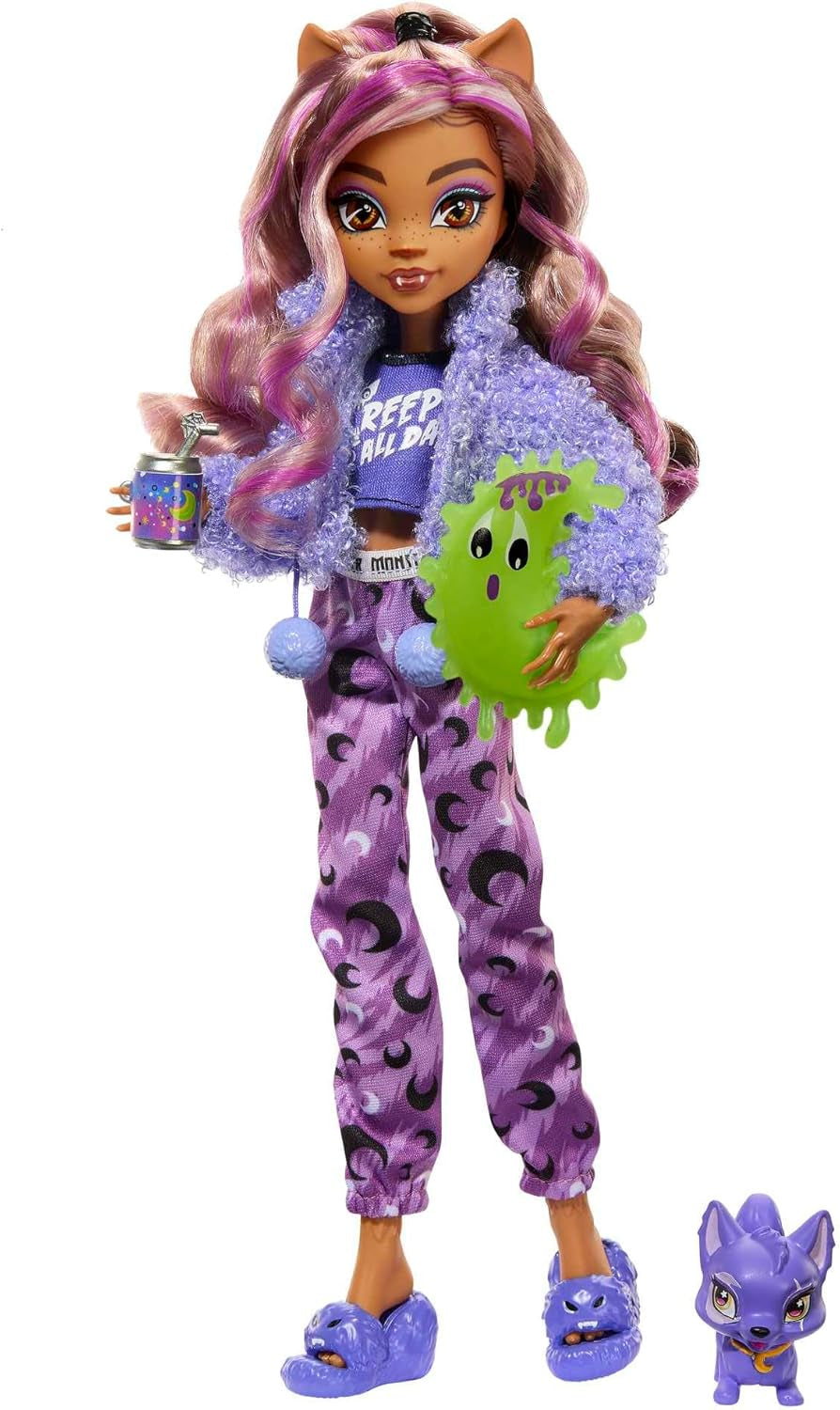 Muñeca MONSTER HIGH y accesorios para pijamas, muñeca Clawdeen Wolf con gato, Crescent, Creepover Party, HKY67